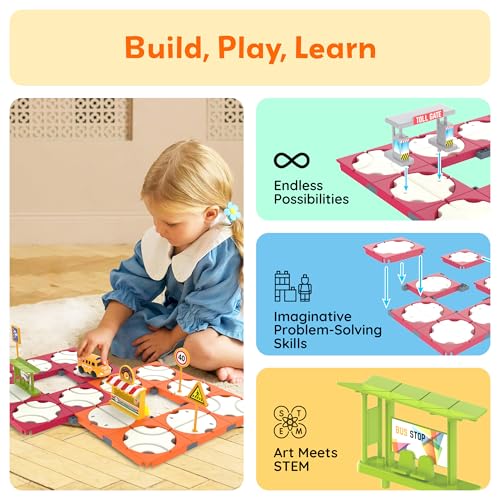 Image of PicassoTiles 60pc Race Car Track Builder Set Rotating Reversible Racetracks with School Bus Toy Vehicle and Accessories STEM Learning Construction Building Playset for Toddler Boys Girls Ages 3+ PTR21