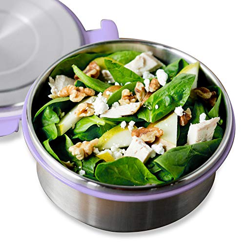 LUNCHBOTS Stainless Steel Salad Bowl with Click On Lid Lunch Containers for Adults and Children Reusable Lunch Container with a 4 Cup Capacity - 32oz, Lavender Lid