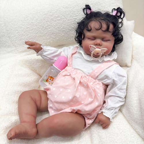 MineeQu Toddler Afro-Américain 24 Pouces, Cheveux Frisés Enracinés Poupée Reborn, Romper Rose à Points, Dormant, Collectible