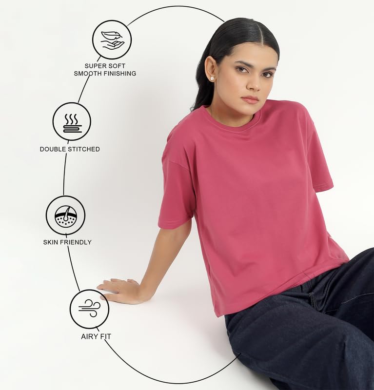 Image of Sleepynuts Women Oversized T-Shirt 220 GSM Heavyweight Cotton Rich Baggy Fit Drop Shoulder Round Neck Half Sleeve