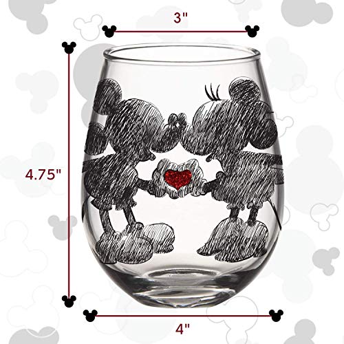 Silver Buffalo Disney Mickey and Minnie Classic Heart Glitter Stemless Wine Glass, 20 Ounces