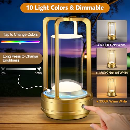 Image of Portable Table Lamp for Outdoor Indoor: Cordless Rechargeable Desk Lamp with 10 Colors - Shower Lamp with Stepless Dimmable - Metal Battery Operated Lantern Light for Bedroom /Bar /Coffee Shop /Camping