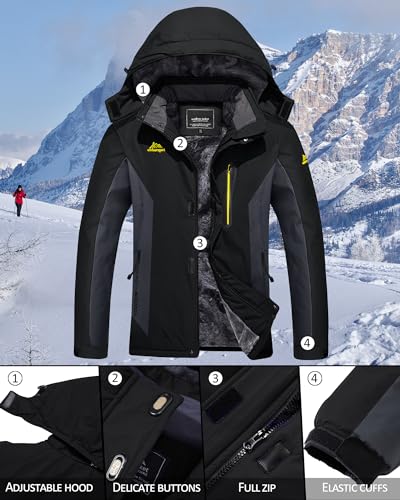 TACVASEN Skijacke Damen Warm Winterjacke Wasserdicht Atmungsaktiv Fleece Softshelljacke Outdoor Funktionsjacke mit Kapuzen Schwarz Grau M