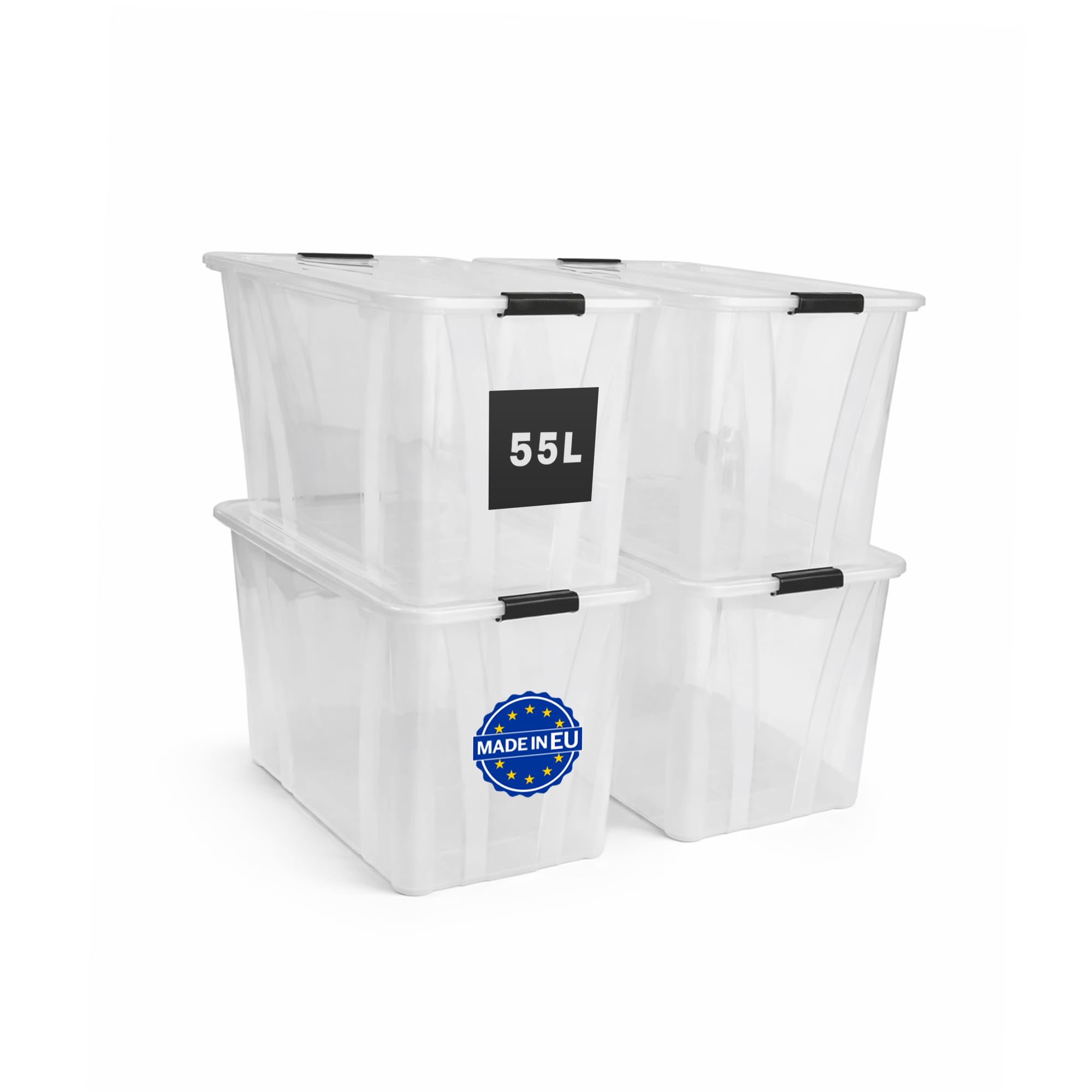 Aufbewahrungsboxen 4er-Set mit Deckel – Stapelbare Kunststoffboxen 7L, 14L, 21L, 32L, 55L, 80L Transparent mit Klickverschluss & Griffen, BPA-frei, Lebensmittelgeeignet, Ordnungskisten (55 L)