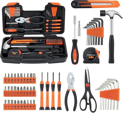 MARTCOLOR 58 Piece Household Tool Set, General Household Hand Tool Kit with Plastic Toolbox Storage Case, All Purpose Household Tool Kit for Home, Garage, Office and College Dormitory Use, Orange