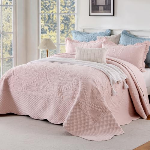 Image of EVENHUG Oversized King Bedspreads California King Quilt Set with Pillow Shams Extra Wide Large King Size Quilts Lightweight Coverlet Bedding Sets Pink 120 inchx120 inch