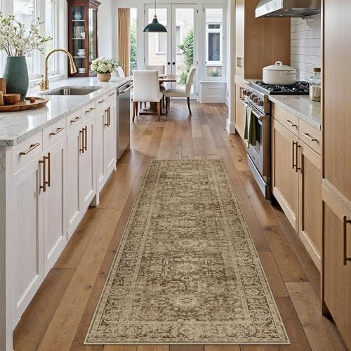 Beige 2x6 Runner Rug Washable Vintage Long Carpet for Hallway Kitchen Soft Retro Floral Low Pile Indoor Runner Non Slip Central Medallion Throw Rug for Bathroom Bedroom Laundry Dining Room 2