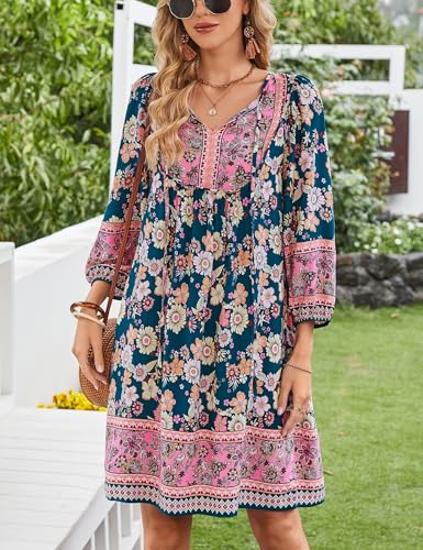 Image of Bluetime Women Casual Summer Dress Boho V Neck 3 /4 Sleeve Babydoll Floral Print Flowy Beach Dress