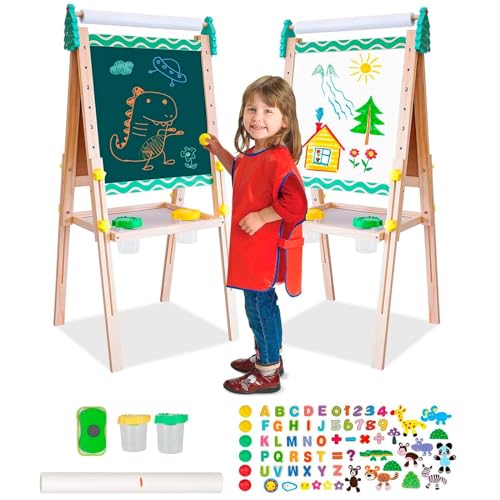 Kids Easel with Paper Roll Wooden Art Easel Double-Sided Whiteboard and Blackboard Height Adjustable Standing Easels with Numbers and Other Painting Accessories Storage Tray for Toddlers