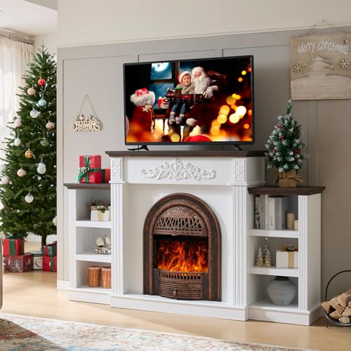 Image of 78 inch Electric Fireplace with Mantel, Fireplace Heater Entertainment Center with Storage,TV Stand with 30'' Fireplace for TVs Up to 90 Inch,Fireplace Insert for Living Room, Bedroom-Bronze Heater
