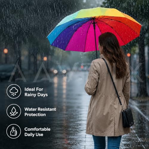 Image of Multicolor Rainbow Umbrella Automatic Open Heavy Duty Windproof Waterproof Strong Straight Umbrella for School Travel Outdoor Rain Protection Umbrella (1 PSC)