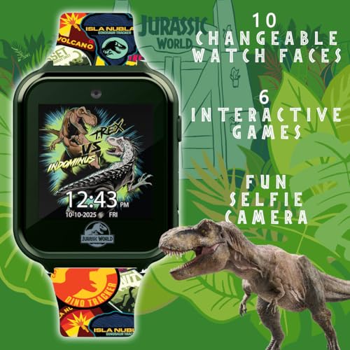 Jurassic World Kids Interactive Smart Watch with Touchscreen, Camera, Games, Pedometer, Alarm Fun Learning Digital Watch for Boys & Girls – Jurassic-Themed Silicone Strap – Fits Wrists 5.5”-8”3