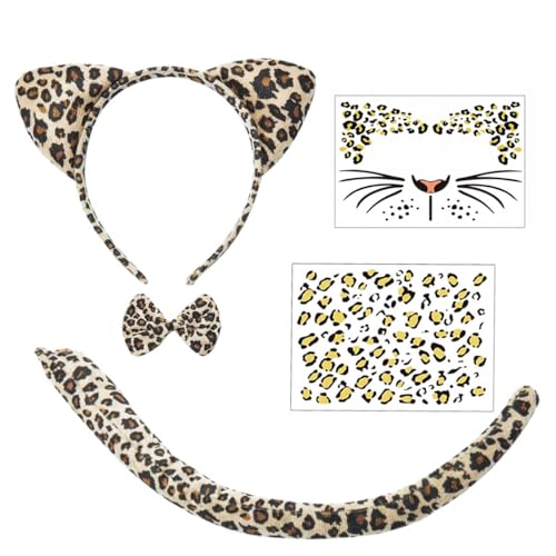 Leopard Cheetah Ears and Tail Cheetah Costume Women Leopard Ears Headband with Stickers Halloween Headband Cosplay Set