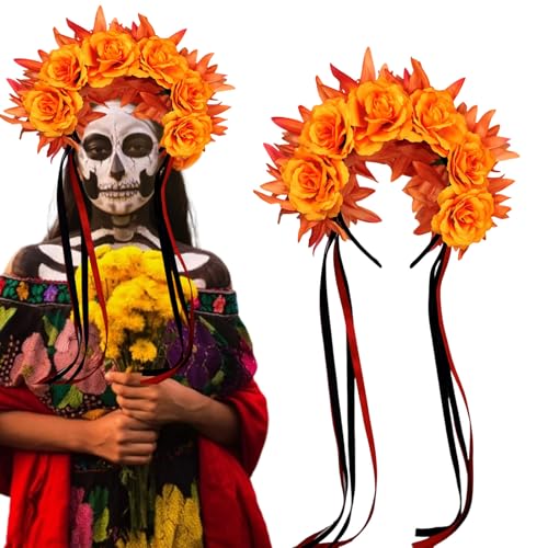 mdgfge Womens Mexican Day of the Dead Fall Headband with Orange Rose Floral Flower Crown Headpiece for Halloween Party Supplies