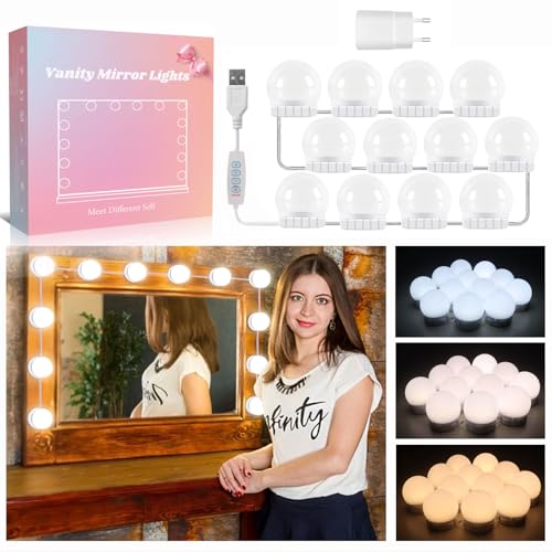 Akynite Lumière Miroir Coiffeuse 12 Ampoules Hollywood avec Adaptateur, USB Câble Réglable, 3 Couleurs et 10 Intensités, Lampe Coiffeuse Maquillage Dimmable,...