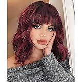 Ucubb Short Bob Wig with Bangs for Women Wine Red Wigs Synthetic Curly Wavy Hair Wigs Natural Looking Heat Resistant Fiber Hair for Women