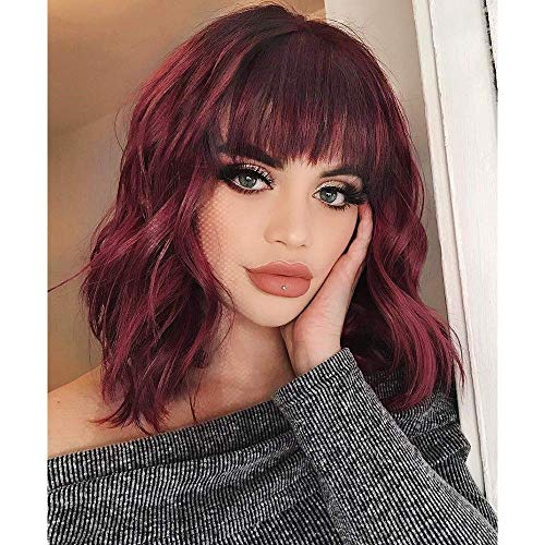 AISI BEAUTY Short Wavy Bob Wig with Bangs Shoulder Length Burgundy Synthetic Bob Curly Wigs for Women Natural Looking Heat Resistant Fiber Hair