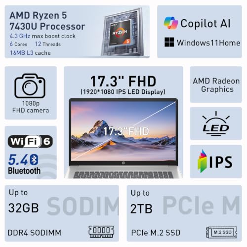Image of HP 17.3 inch FHD IPS LED Anti-Glare 300 nits Laptop, Ryzen 5 7430U, 8GB+256GB