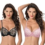 Curve Muse Damen Plus Size Push Up Add 1 Cup Bügel Perfekte Form Spitze BH, Schwarz, Rosa (2 Stück), 80DD