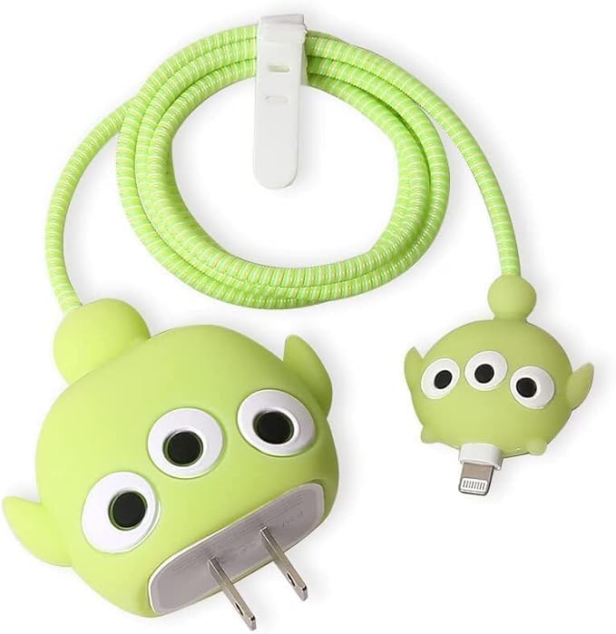 AUGEN Cartoon 3D Design Protective Case for 20W iPhone USB-C Power Adapter Charger, Cute Cartoon Lightning Data Cable Case for iPhone Charger (Alien, Pack of 1)