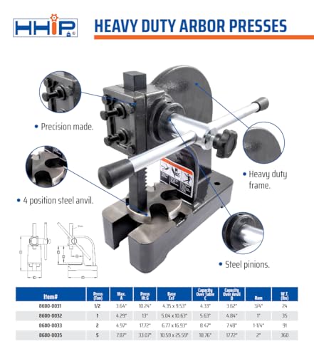 Image of HHIP 8600-0035 Heavy Duty Arbor Press, 5 Ton 18.76 inch Max Height
