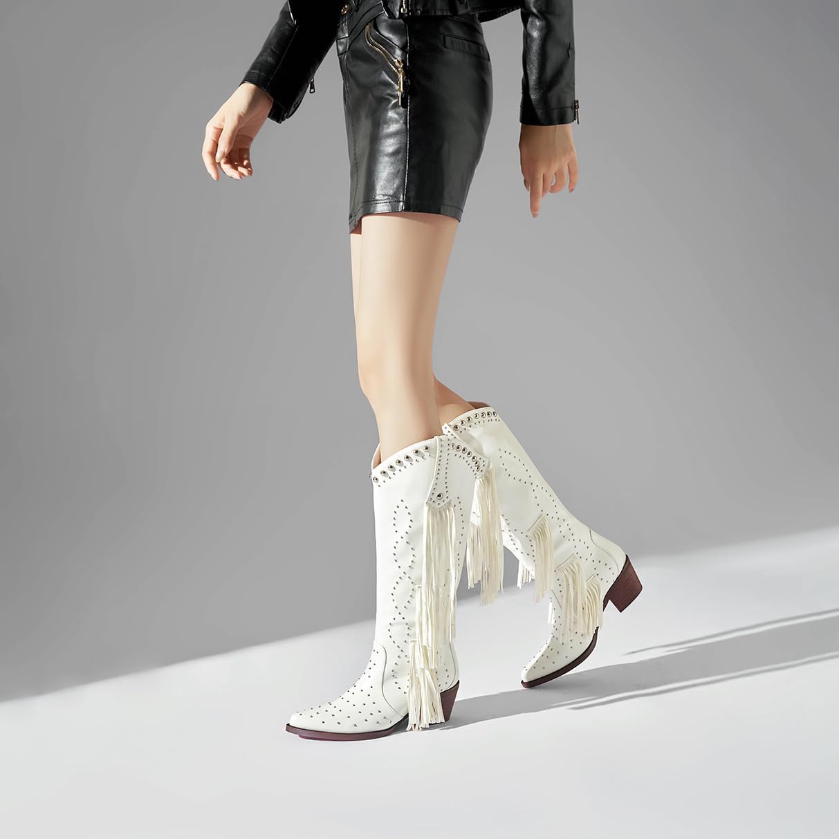 Tsrenlmln Western Cowboy Boots for Women - Pointed Toe Knee High Pull-On Boots with Chunky Heel & Fringe Details | Fashion Riding Boots | & Comfortable