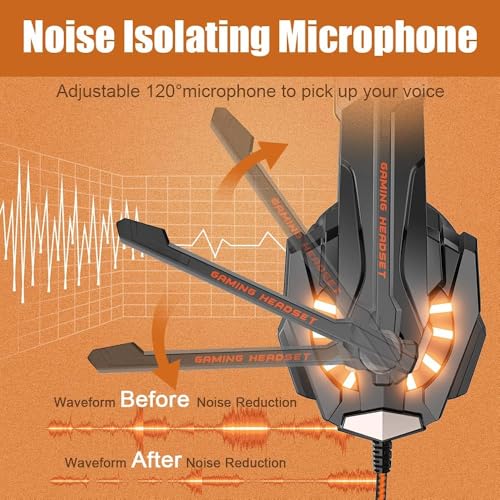 Image of BENGOO G9000 Stereo Gaming Headset for PS4, PC, Xbox One Controller, Noise Cancelling Over Ear Headphones with Mic, LED Light, Bass Surround, Soft Memory Earmuffs (Orange)