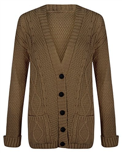Janisramone Women's Mocha Janisramone® Long Sleeve Chunky Cardigans For Uk, V Neck Button Up Cable Knit Cardigans, Warm Winter Long Jumpers Top For Casual And Daily Knitwear Cardigan