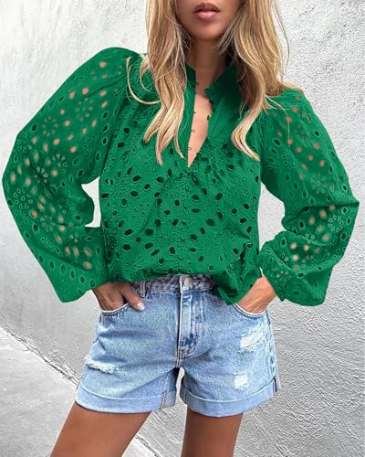 BETTE BOUTIK Women's Long Short Sleeve Tops 2025 Dressy Casual Button Hollow Out Lace Embroidered Blouses Shirts