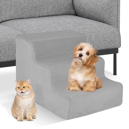 Haustiertreppe Hundetreppe 30 cm - Treppe 3 Stufen Plüsch-Bezug waschbar - Katzentreppe Hunderampe für Bett, Sofa, Couch und Auto - Bezug Grau