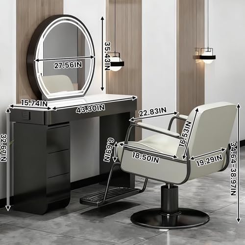 HHEvergreenEnsemble Black Beauty Salon Station for Hair Stylist (Adjustable Chair)(Round HD LED Mirror)(Desk & Storage Cabinet), Barber Station with Modern Minimalist Style - Image 2