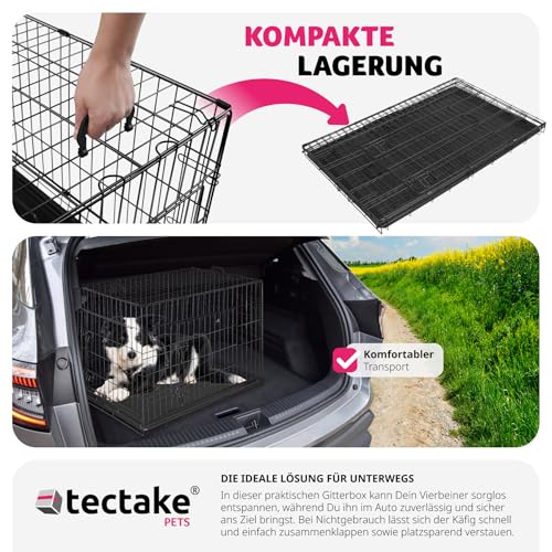 tectake® Hundekäfig, Hundegitter Box, Dog Kennel, Hundebox faltbar, Transportbox stabil, für Hunde und Welpen, für Kofferraum, Auto, Camping und Zuhause, Wohnung - 108 x 71 x 76 cm