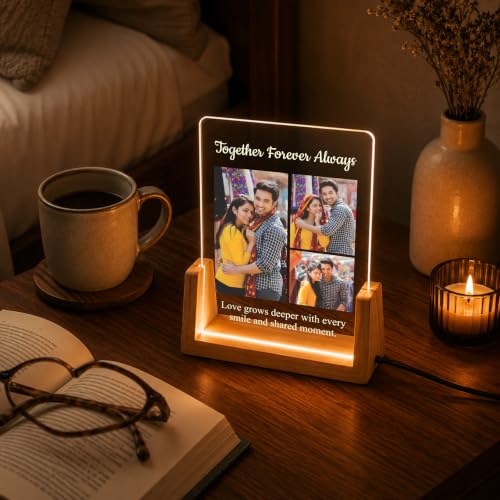 Image of Giftplease Personalized LED Acrylic Photo Frame with Custom Photos & Text | Engraved Acrylic Picture Lamp with Wooden LED Base | USB Night Light | Anniversary, Wedding, Birthday, Couple, Family, Decor