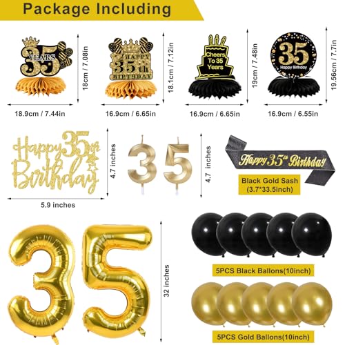 Image of 35th Birthday Decorations for Men, Black Gold 35th Party Decoration Kits | 27pcs Happy 35th Birthday Set, Banner, Honeycomb, Balloons, Gold Number, Candle, Hanging Swirls, Cake Topper, Party Supplies