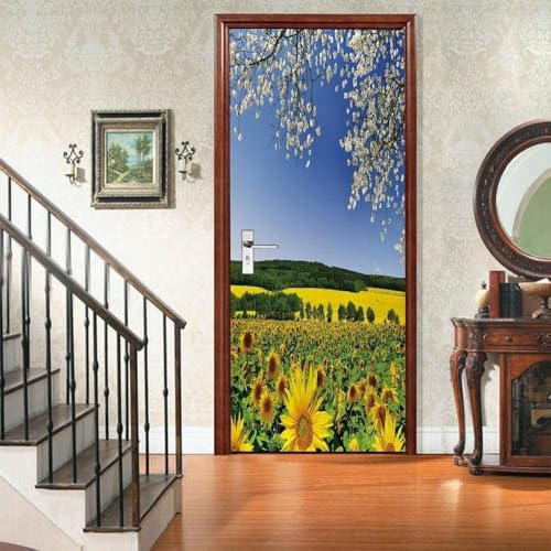Fykjgs Modern Sunflower Door Stickers for Interior Doors Garden 3D Door Decals Art Sticker Self Adhesive Door Murals for Bedrooms Living Room Bathroom Home Decor G300?95x215 cm?