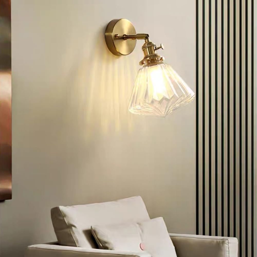 XANAYXWJ Aplique de Pared de Vidrio Transparente Retro Lámpara de Noche Ajustable con latón, luz de Rayas nórdicas E27 Iluminación de decoración del hogar de Oro Cepillado para la Sala de Estar del