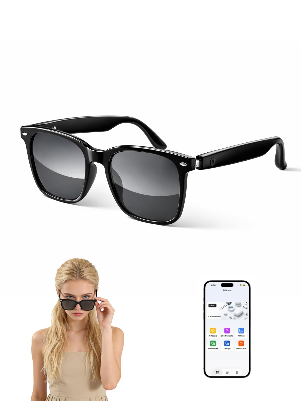 AI Smart Bluetooth Glasses, Smart Wireless Headphone Sunglasses Athletic/Outdoor UV Protection,Unisex(Black)-image-44