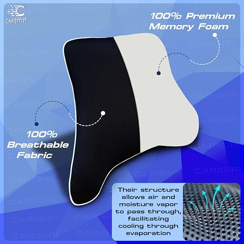 Image of Carigiri FlapRest Car Back Rest Pillow| 1 Year Warranty| Memory Foam Back Pillow| Car Seat Back Cushion| Car Back Pillow for Back Pain Relief in Office,Driving(Black, White Hemming, Pack of 1)