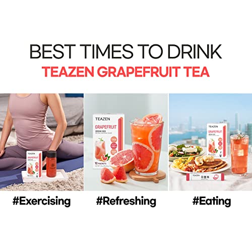 Image of TEAZEN Grapefruit Tea Powder, Sugar Free, Hibiscus and Green Tea, Powdered Mix Beverage from Korea, On-the-Go 10 Packets, 1.76oz