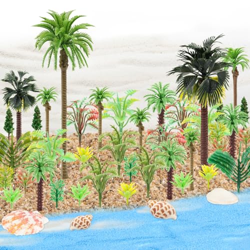 QUOZUO 50PCS Mini Model Miniature Palm Trees Beach Coastal City Scenery Coconut Tree Rainforest with Sand and Shells, Architecture Fake Trees for DIY Crafts, Building Model, Scenery Landscape