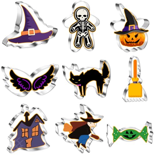 NIEITRK 9PCS Halloween Cookie Cutters Set, Stainless Steel Biscuit Cutters – Cat, Witch Hat,Candy...