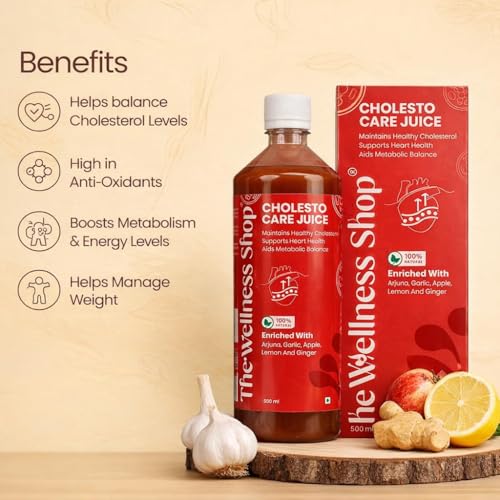 Image of The Wellness Shop Cholesto Juice 500ml (Pack of 3) | Supports Heart Health, Cholesterol & BP Balance | Ayurvedic Herbal Drink with Garlic, Arjuna & Lemon | Sugar-Free Formula