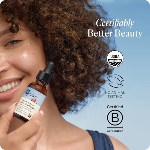 Image of Sky Organics Organic Castor Glass Skin Serum 1 floz, for Face, Neck & Chest | With Organic Jojoba Oil. Dermatologist tested, For All Skin Types. USDA Organic. Natural, Cruelty-Free Beauty & Skin Care.