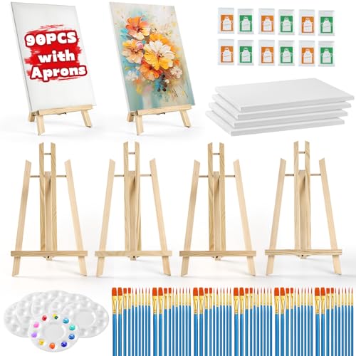 90 Pcs Painting Kits for Adults with 6 Easels+6 Canvases+12 Aprons+60 Brushes+6 Palettes Value Painting Supplies for Sip and Paint/Painting Party Date Night Painting Set for Kids,Students, Beginner