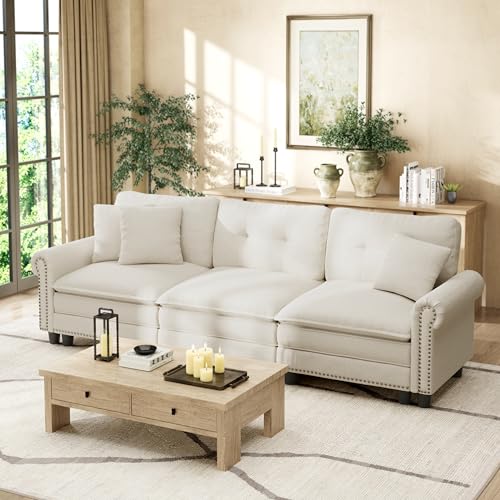 Image of HERA'S HOUSE 103.1 inch Modular Sectional Couch for Living Room Deep Seats | Mid-Century Modern 3-Seater Cloud Sofa, Beige, Rolled Arms & Nailhead Trim, Wider & Deeper Seats, Soft Linen