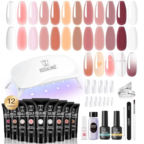 ROSALIND Poligel per Unghie Set, Gel Unghie Ricostruzione Kit Completo con Mini UV Lampada, Base & Top Coat, Nail Art 12 Colore 10ml Poly Nail Gel Completo kit per Principiante, Professionale e Salone