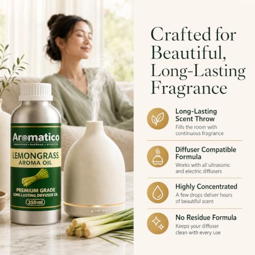 Image of AROMATICO Lemongrass Diffuser Oil for Strong, Long-Lasting Aroma | Light, Citrusy, Stress Relieving Aroma Oil for Home Fragrance & Aromatherapy. Versatile Use in Diffusers, Air Fresheners - 250 ml