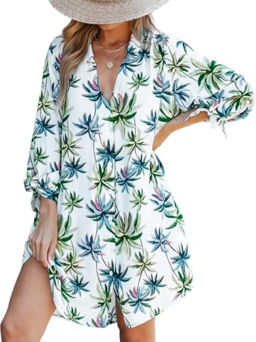 Image of CUPSHE Women Mini Summer Dress Cover Up Oversize Floral Shirt 3 /4 Sleeve Cuff Tie Button Down Beach Dresses Cover Up Top