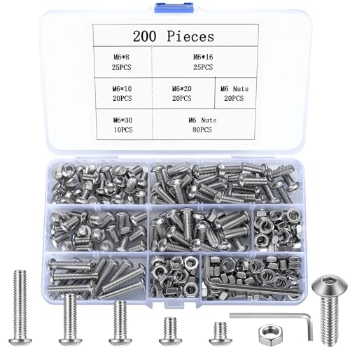 200 Stück M6 Schrauben Set, Linsenkopf Sechskantschrauben Muttern Set, Innensechskant Schrauben mit Muttern Set, Rundkopf Gewindeschrauben Set, Edelstahl Maschinenschrauben Sortiment Set
