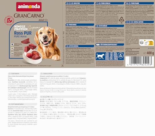 animonda GranCarno Hunde Nassfutter Single Protein Ross pur (6 x 400g), getreidefreies Hundenassfutter ohne Zucker, für ausgewachsene Hunde, mit frischem Pferdefleisch und Innereien